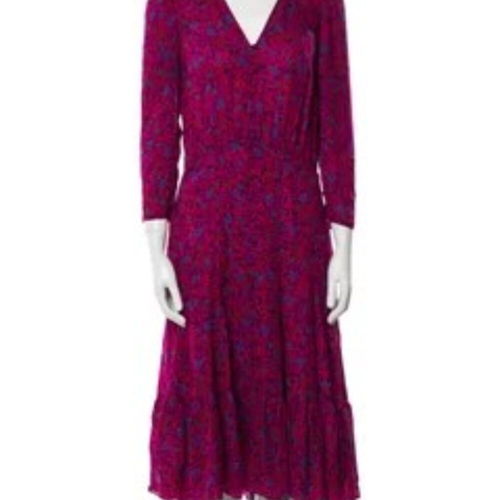 V-neck, purple/pink, floral dress with ruffles